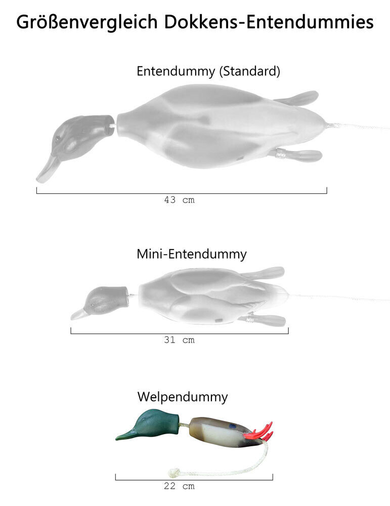 Drei Entendummies im Vergleich - unten der kleinste für Welpen, darüber der mittlere, oben der große (normale Größe)